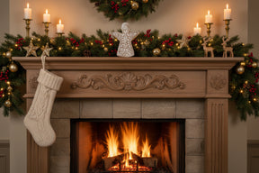 Elegant Angel Decoration on a festive mantel with stockings, candles, and a roaring fire