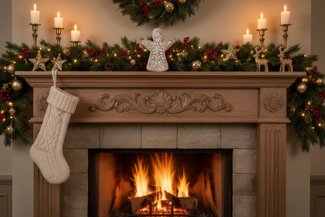 Elegant Angel Decoration on a festive mantel with stockings, candles, and a roaring fire