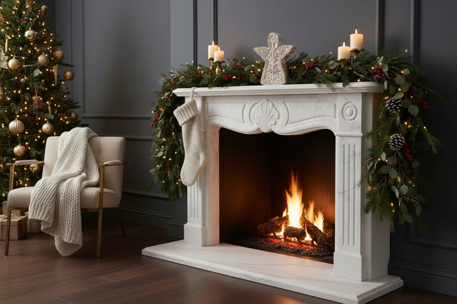 Elegant Angel Decoration on a Christmas mantel with stockings and festive greenery