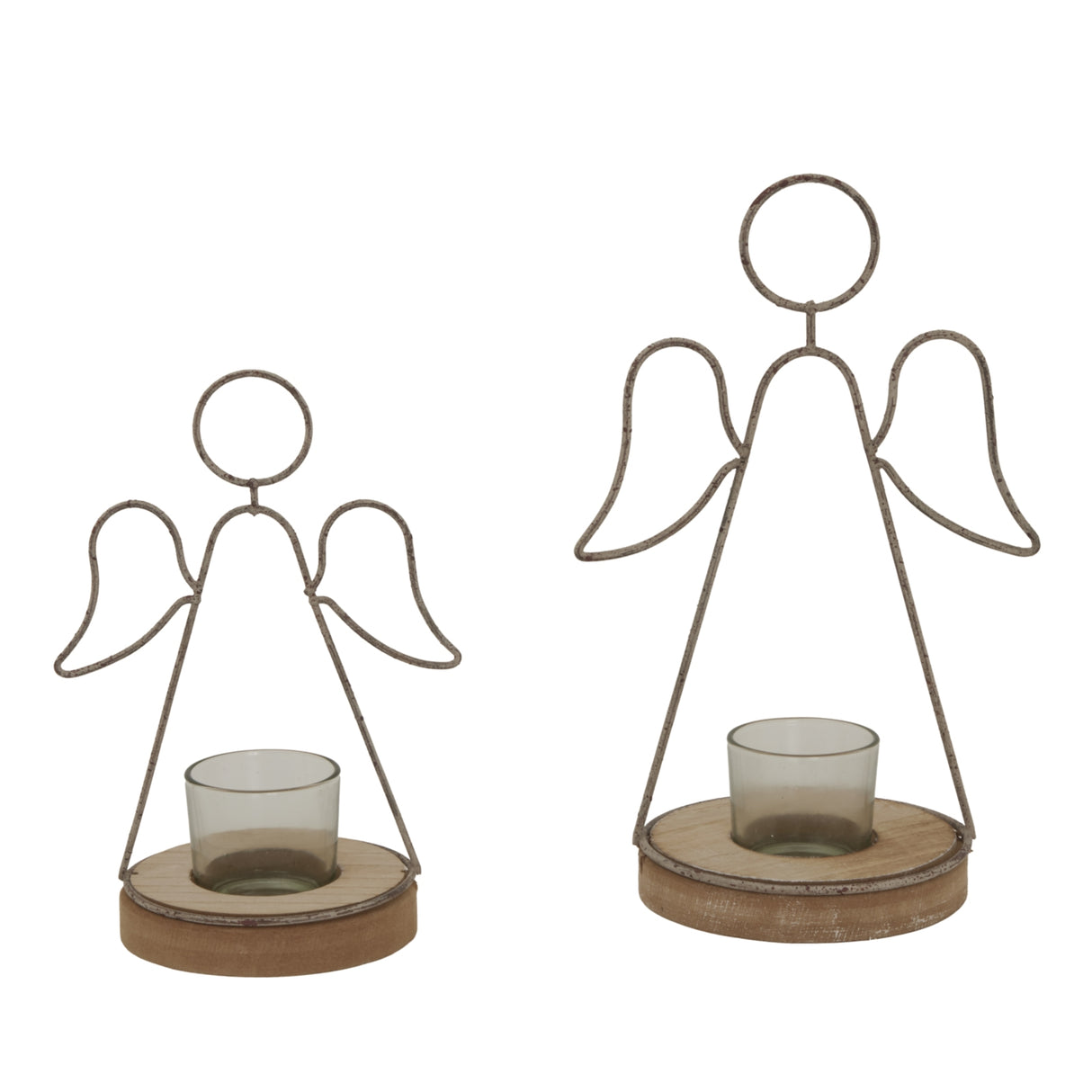 Two decorative Angel Tealight holders with rustic wooden bases for festive candle displays