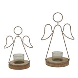 Two decorative Angel Tealight holders with rustic wooden bases for festive candle displays