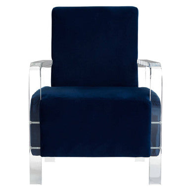Orsina navy blue armchair with sleek acrylic arms for modern living spaces