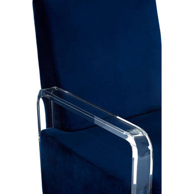 Orsina Armchair with Clear Acrylic Armrests and Soft Navy Upholstery for Modern Living Spaces