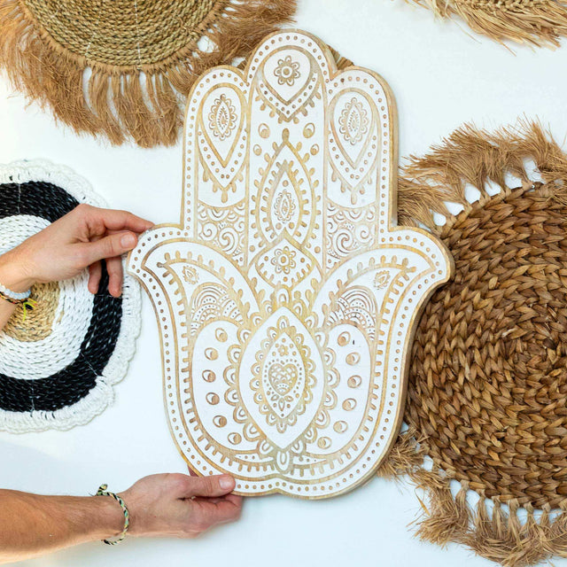 Mango Wood Hamsa Wall Plaque - Whitewash Shades 4 Seasons