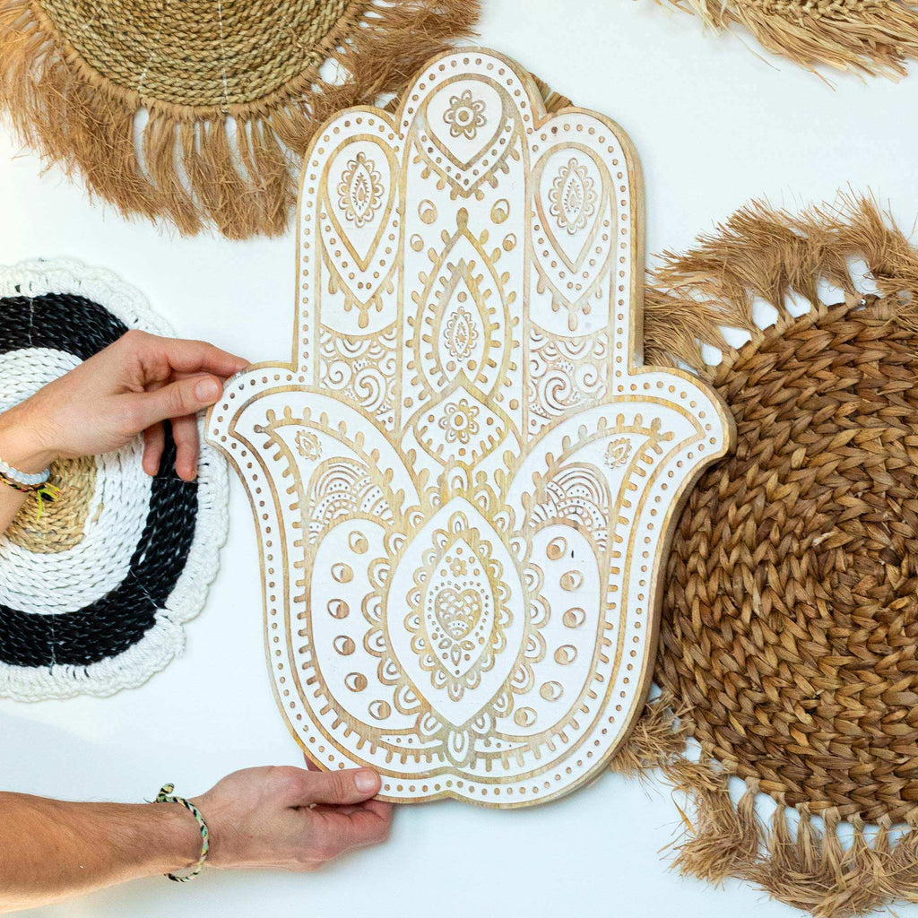 Mango Wood Hamsa Wall Plaque - Whitewash Shades 4 Seasons