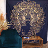 Double Cotton Bedspread and Wall Hanging - Buddha - Blue Gold AW-Dropship