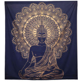Double Cotton Bedspread and Wall Hanging - Buddha - Blue Gold AW-Dropship