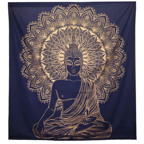 Double Cotton Bedspread and Wall Hanging - Buddha - Blue Gold AW-Dropship