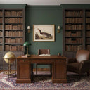 Elegant office with vintage-style desk featuring Artwork On Linen and bookshelves filled with books