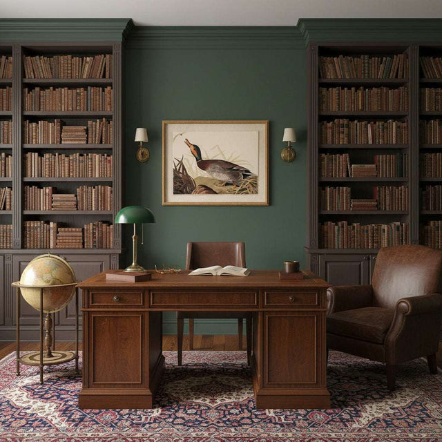 Elegant office with vintage-style desk featuring Artwork On Linen and bookshelves filled with books