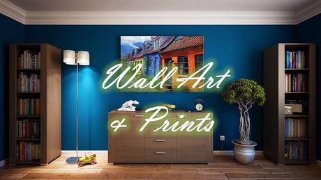 Vibrant printed artwork on linen featuring colourful buildings, perfect for home decor