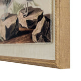 Artwork On Linen featuring a detailed illustration of birds on natural rocks with a textured frame