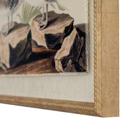 Artwork On Linen featuring a detailed illustration of birds on natural rocks with a textured frame