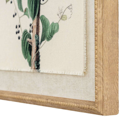 Framed Artwork On Linen with a botanical design, featuring green leaves and delicate details