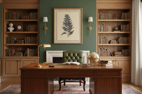 Classic study with dark wood desk featuring Artwork On Linen framed above a green wall