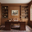 Elegant office featuring Artwork On Linen displayed above a classic wooden desk with bookshelves