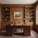 Elegant office featuring Artwork On Linen displayed above a classic wooden desk with bookshelves