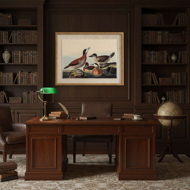 Stylish office featuring a framed artwork on linen of ducks, complementing elegant wood furniture