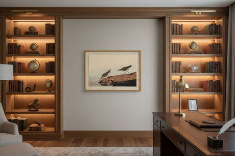 Elegant Artwork On Linen featuring a maritime scene, displayed in a stylish home office setting