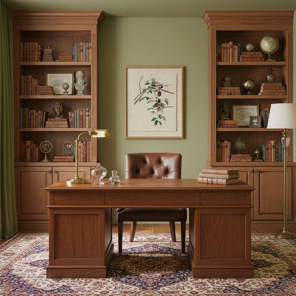 Elegant office featuring Artwork On Linen framed above a wooden desk with bookshelves and warm decor