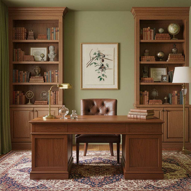 Elegant office featuring Artwork On Linen framed above a wooden desk with bookshelves and warm decor