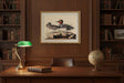 Framed Artwork On Linen featuring ducks in a wooden library setting with globe and desk lamp