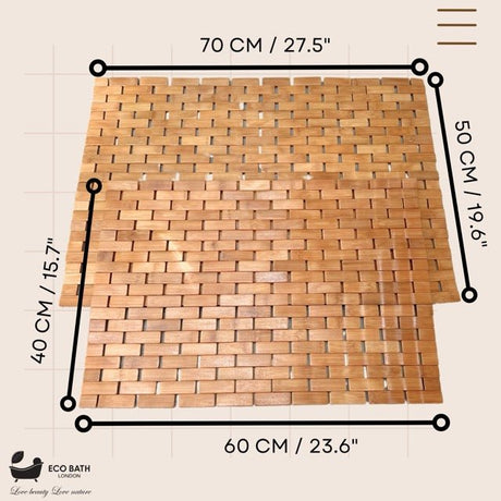 Eco Bath London Bamboo Bath Mat with natural wood finish and dimensions of 70cm by 50cm