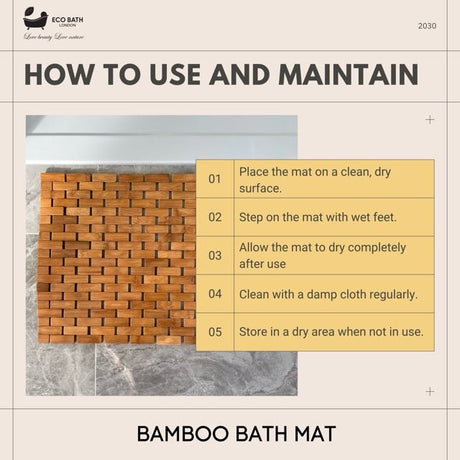 Bamboo Bath Mat from Eco Bath London displaying maintenance instructions for optimal use