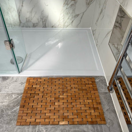 Eco Bath London Bamboo Bath Mat on stylish bathroom floor, enhancing decor with its natural look