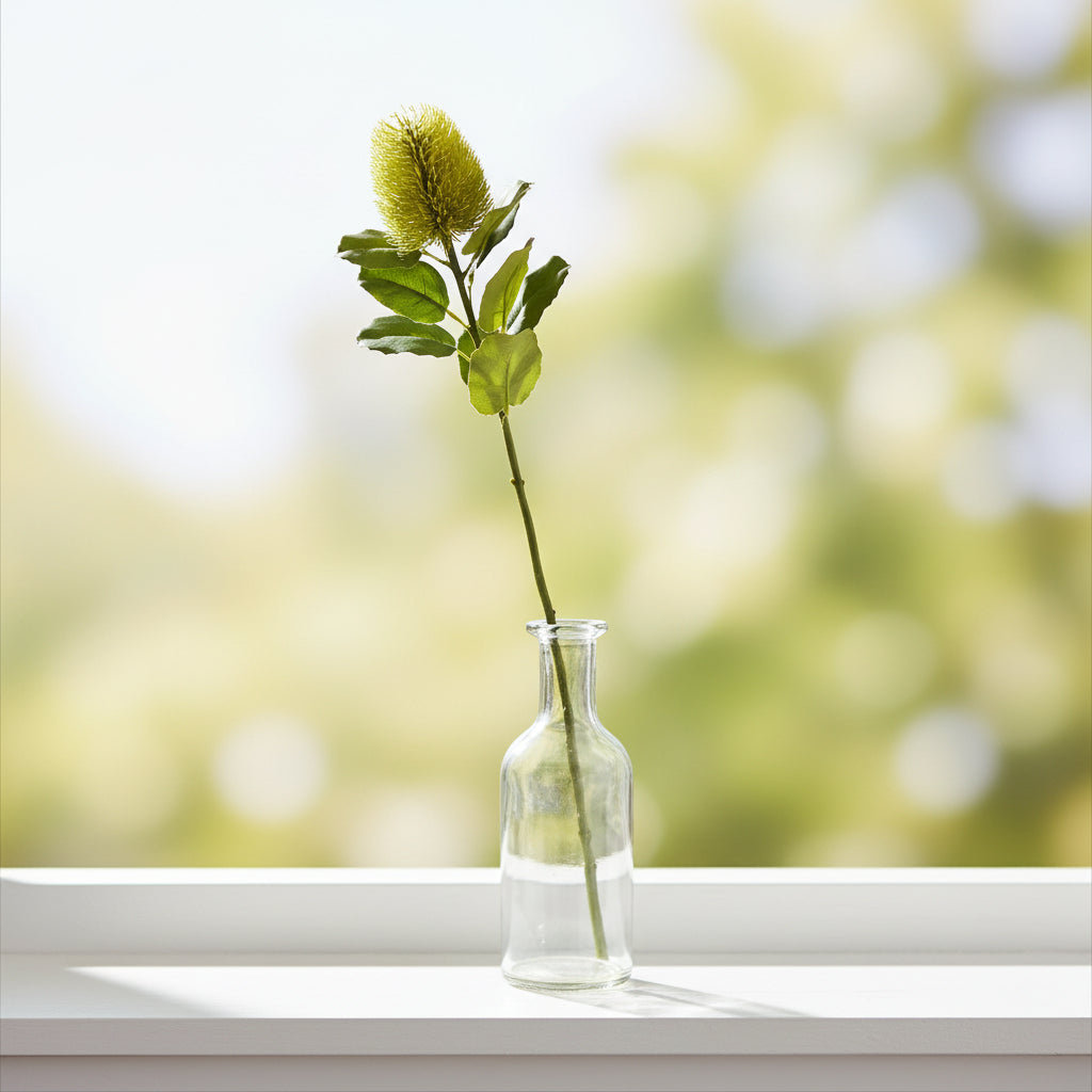 Banksia Stem in a clear glass vase, showcasing vibrant green leaves and unique flower texture