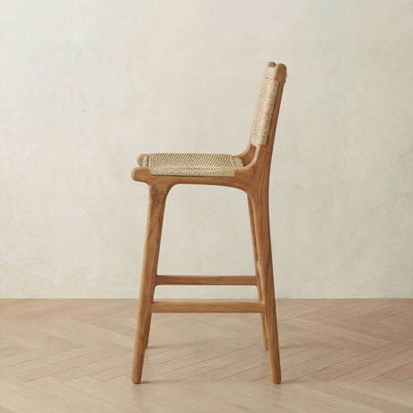 Elegant wooden bar stool with woven seat and backrest from The Bali Concept