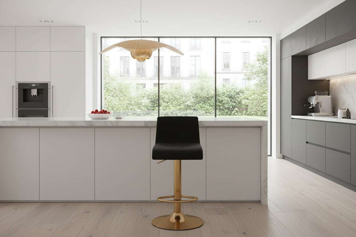 Orsina Bar Stool in sleek black design with gold base, perfect for modern kitchen seating