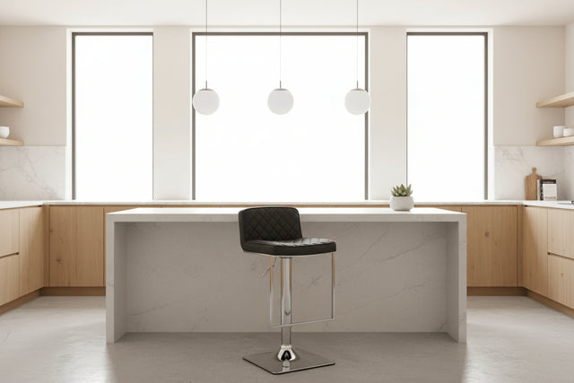 Orsina Bar Stool in black with quilted design, perfect for modern kitchen seating