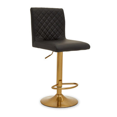 Orsina Bar Stool with Quilted Black Upholstery and Gold Metal Base for Modern Bars
