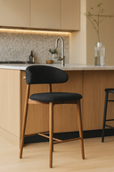 Nisu Home Bar Stool with Black Upholstered Seat and Wooden Legs for Modern Kitchens