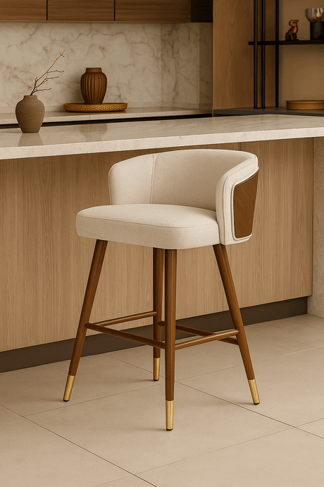 Nisu Home Bar Stool with Cream Upholstery and Wooden Legs for Modern Interiors