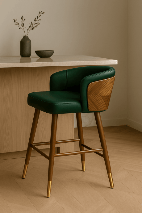 Nisu Home Green Bar Stool with Wood Backrest and Gold-Capped Legs for Stylish Dining Spaces