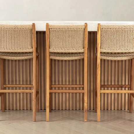 Stylish natural wood Bar Stool with woven seat, perfect for kitchen islands or home bars