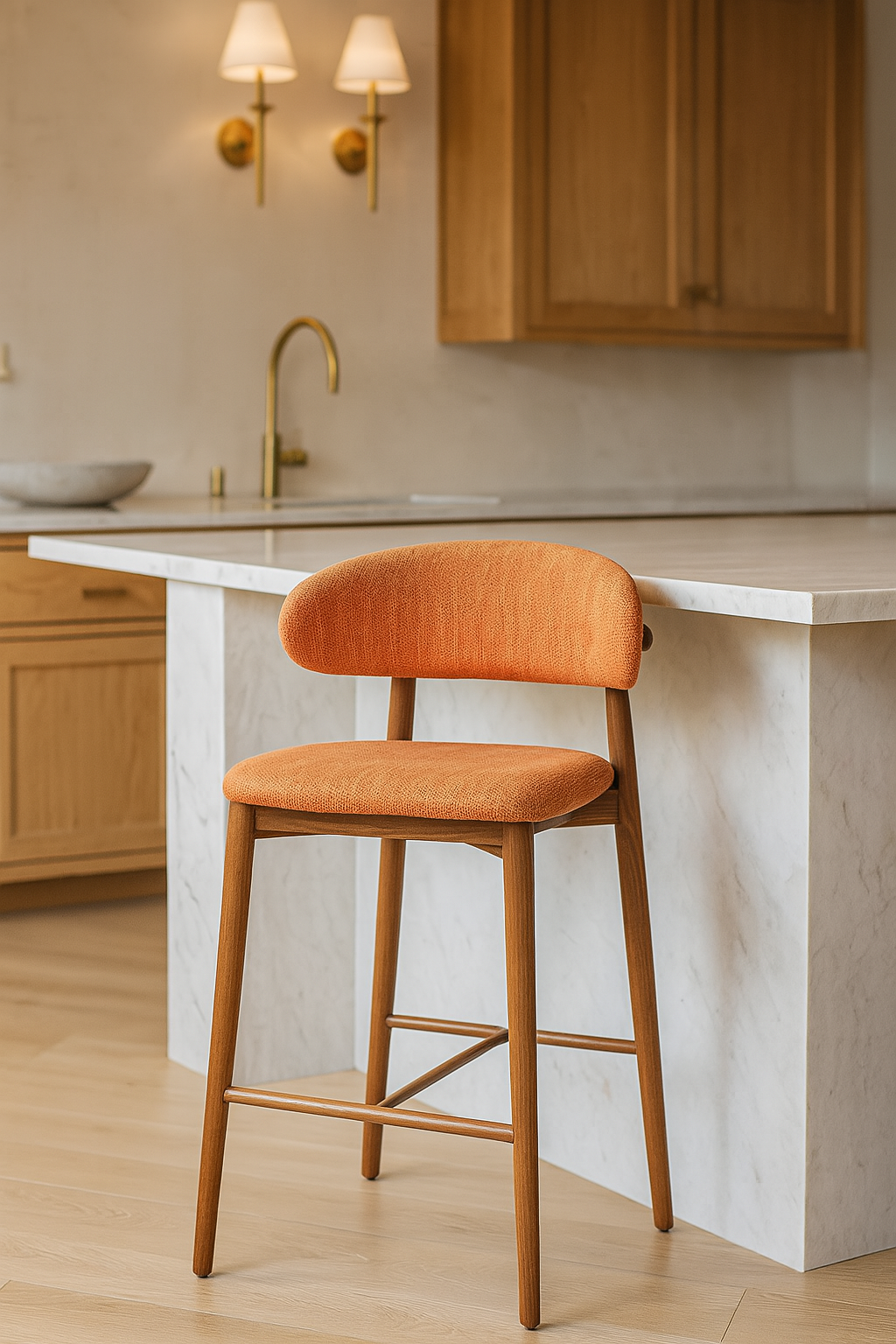 Nisu Home Orange Bar Stool with Wooden Legs and Curved Backrest for Modern Kitchens