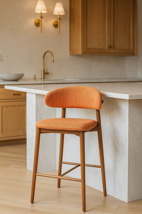 Nisu Home Orange Bar Stool with Wooden Legs and Curved Backrest for Modern Kitchens