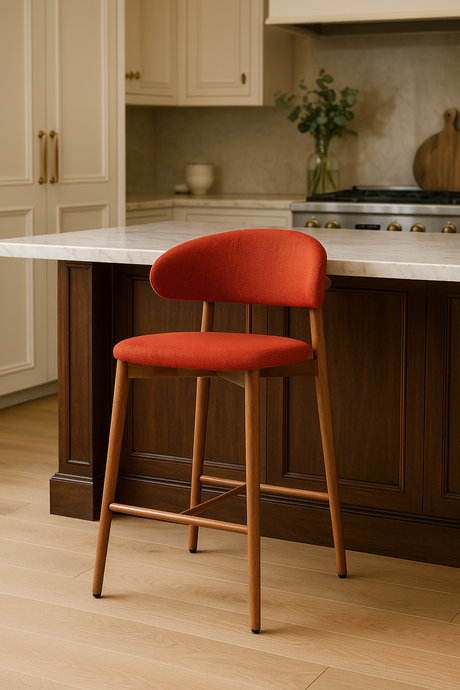 Nisu Home Bar Stool in vibrant orange fabric with wooden legs for modern kitchen decor