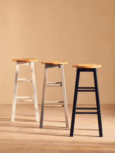 Set of three Orsina Bar Stools in white, silver, and black with wooden tops for stylish seating