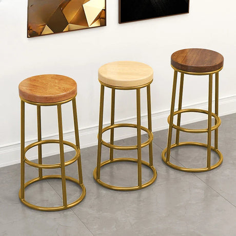 Set of three Nisu Home Bar Stools with wooden seats and golden metal frames for stylish seating