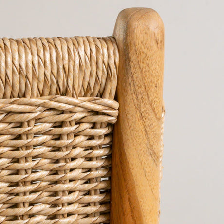 Stylish bar stool featuring a woven seat and wooden frame, perfect for modern interiors