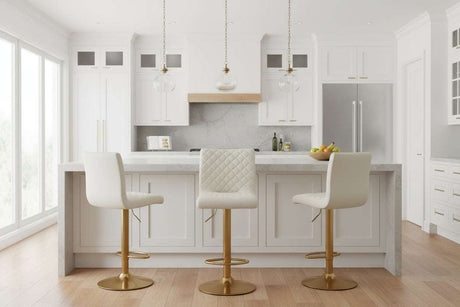 Orsina Bar Stool in White with Gold Base for Stylish Kitchen Bar Seating