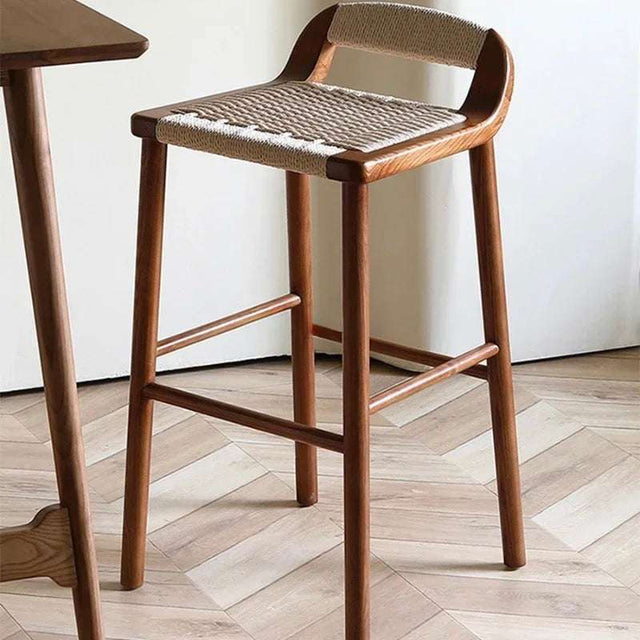 Natural wood bar stool with woven seat design for contemporary home decor