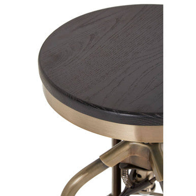 Close-up of Orsina Bar Stool featuring a dark wood seat and elegant metal base