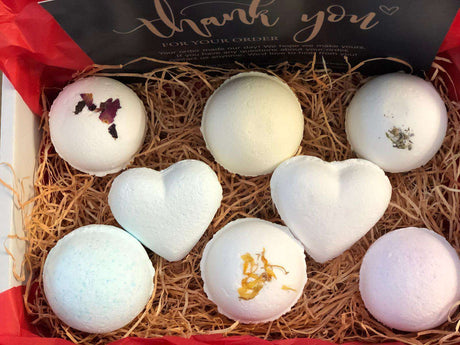 Eco Bath London assorted Bath Bombs in a gift box with natural ingredients and decorative packaging