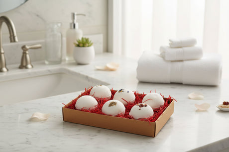 Eco Bath London Bath Bombs in a Natural Brown Box with Red Shredded Paper for Relaxation