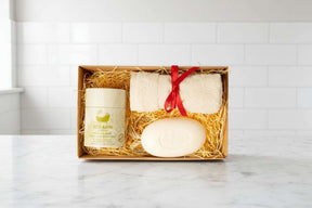 Eco Bath London Bath Set featuring natural soap, body scrub and soft towel in a gift box